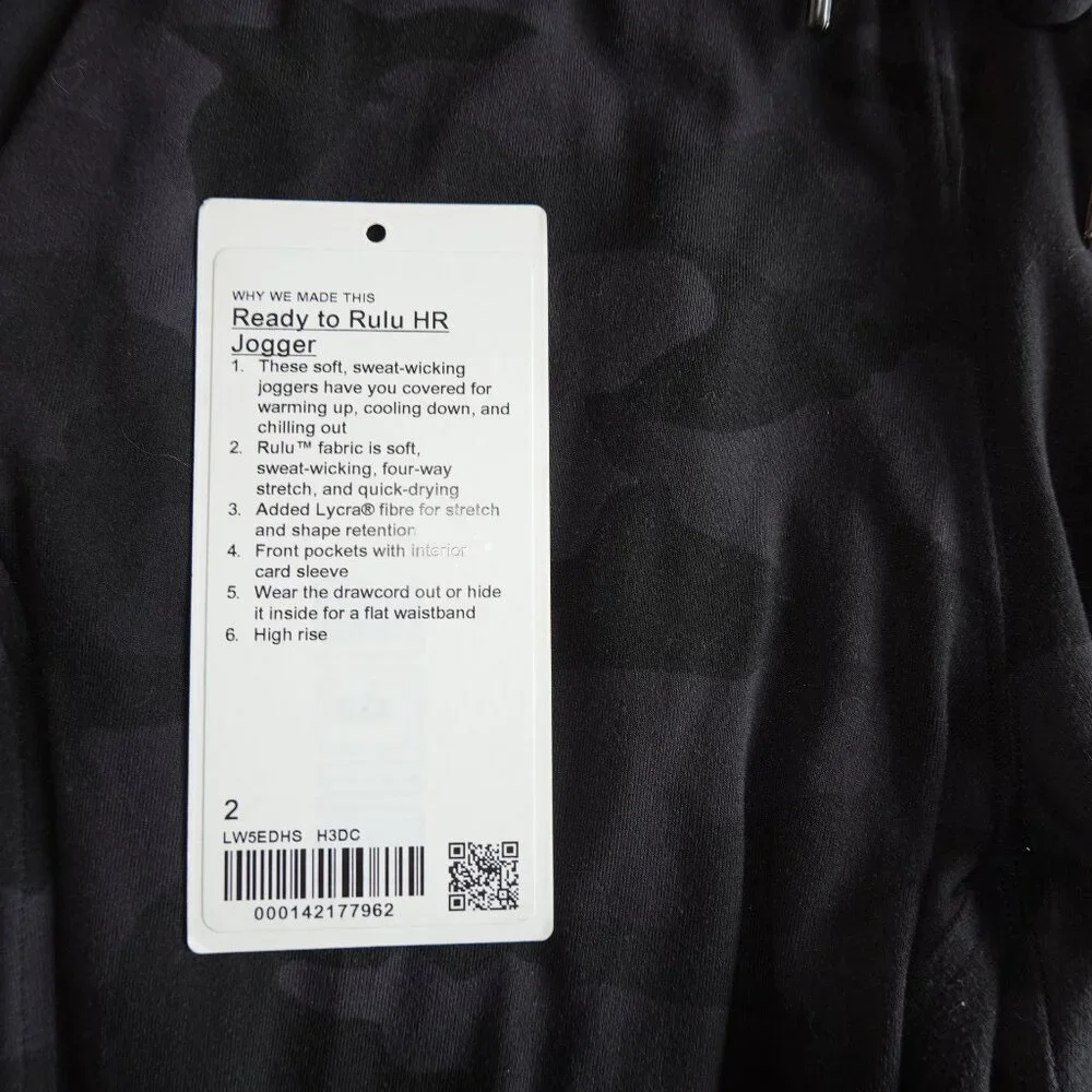 Women's Size 2 Lululemon Ready to Rulu High Rise Jogger, Full Length, Black Camo
